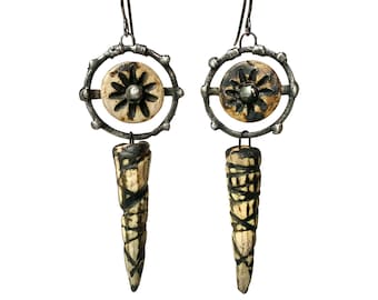 Scorched, rustic elegant soldered primitive earrings, burnt ceramic handmade components, by Elizabeth Rosen