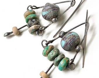 Turquoise and Lampwork Glass Soldered Earrings, Rustic Artisan Southwestern Jewelry, by Elizabeth Rosen