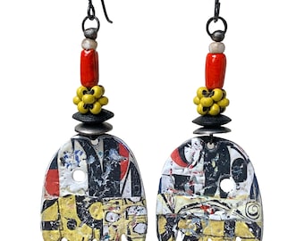 Rustic Artisan Enameled Copper Earrings, red black white yellow Modern Tribal Abstract Flower earrings