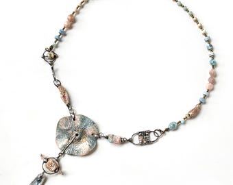 Abstract Wildflower Garden necklace, Artisan Fine Porcelain and Gemstone Beads, Handmade Soldered Necklace, Wearable Art
