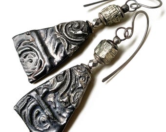 Dark Metallic Ceramic Earrings with Stamped Solder tops, Hematite Gemstone, Handmade Niobium Ear Wires, by Elizabeth Rosen