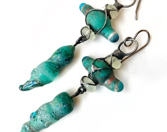 rustic soldered artisan lampwork glass earrings, primitive wire wrapped aqua green beaded earrings by Elizabeth Rosen