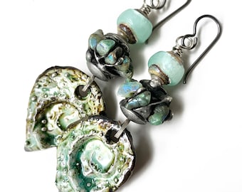 OOAK Mermaid earrings, artisan ceramics, lampwork glass and wire wrapped labradorite dangle earrings, soldered jewelry by Elizabeth Rosen