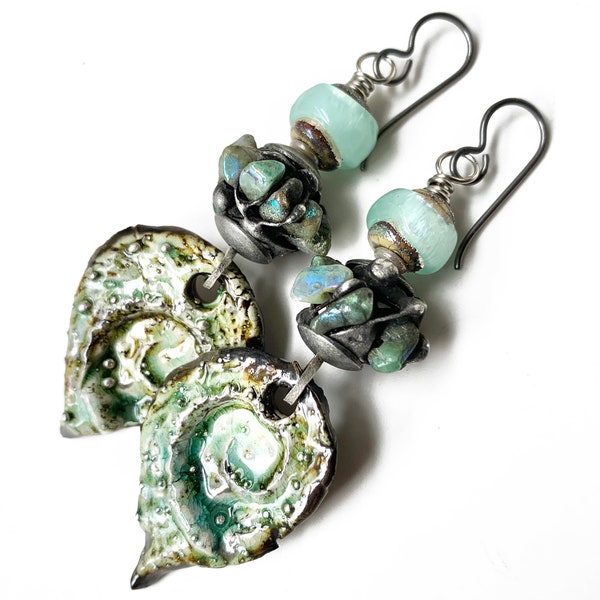 OOAK Mermaid earrings, artisan ceramics, lampwork glass and wire wrapped labradorite dangle earrings, soldered jewelry by Elizabeth Rosen