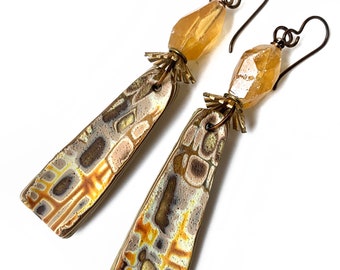 Modern Tribal Fall earrings, artisan earrings, neutral rustic polymer and citrine earrings, OOAK handmade earrings by Elizabeth Rosen