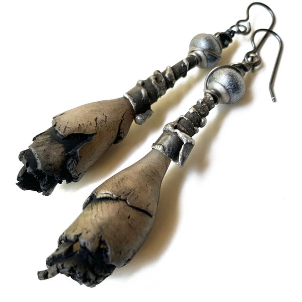 Ragged Pods, Handmade polymer earrings, rustic gray black silver neutral earrings, unusual polymer earrings, sooty dark, by Elizabeth Rosen