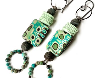 Modern Tribal, unusual artisan turquoise earrings, colorful handmade polymer earrings, mokume gane earrings, by Elizabeth Rosen