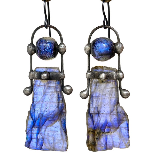 soldered purple blue labradorite & lampwork glass earrings, rustic artisan earrings, Basha Bead, dichroic glass earrings by Elizabeth Rosen