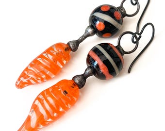 Unusual Artisan Halloween Earrings, Orange + Black Lampwork Glass Jewelry, by Elizabeth Rosen