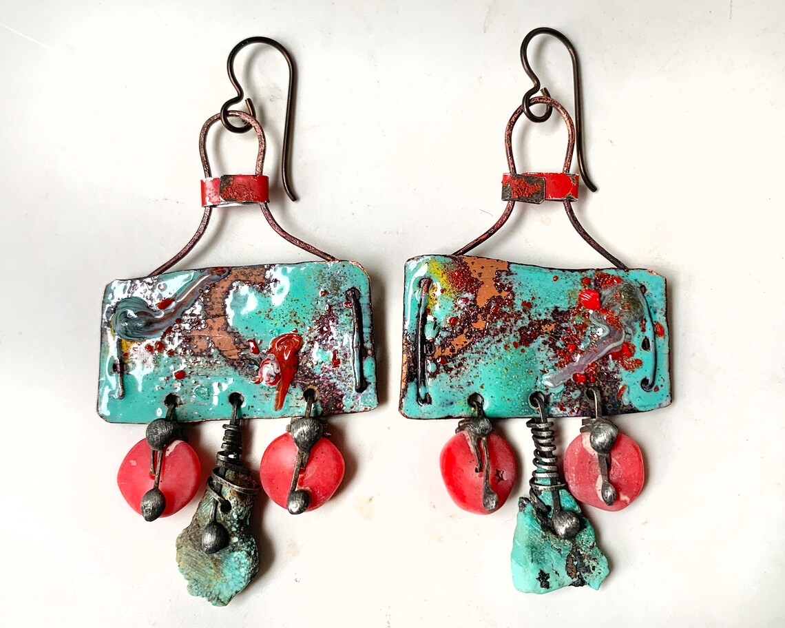 Enameled Copper Artisan Earrings Rustic Soldered Turquoise Etsy