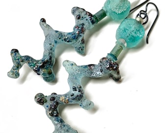Lampwork Glass Twig Earrings with Ancient Roman Glass, Rustic Crusty Green Artisan Jewelry, by Elizabeth Rosen