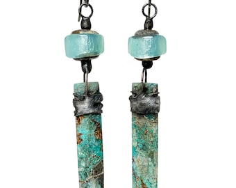 soldered chrysocolla and lampwork glass earrings, rustic artisan earrings, unusual industrial earrings, by Elizabeth Rosen