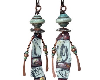 artisan earrings, modern copper enamel and lampwork glass earrings, copper green, JosephineBeads wearable art, by Elizabeth Rosen