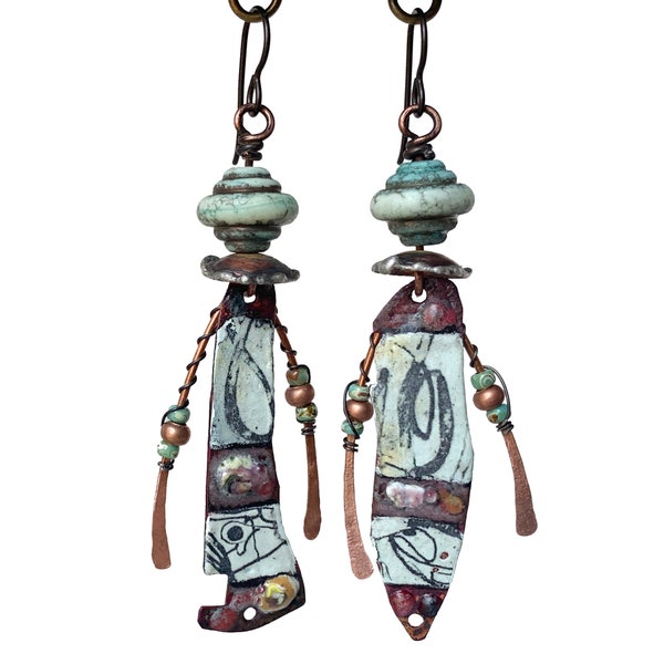 artisan earrings, modern copper enamel and lampwork glass earrings, copper green, JosephineBeads wearable art, by Elizabeth Rosen