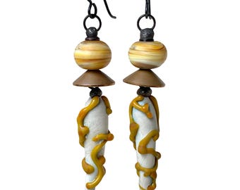 Mustard Drizzle, Rustic Artisan Lampwork Glass Earrings, Unusual Wearable Art, by Elizabeth Rosen