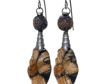 soldered Chiastolite earrings, rustic unusual dark brown gemstone earrings, by Elizabeth Rosen