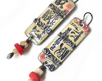 Asian Enameled Copper Earrings with Rustic Stamped Solder Details, Gemstone Coral and Opal, by Elizabeth Rosen