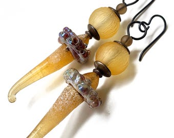 Amazing Artisan Lampwork Glass Earrings, Art to Wear, Hollow Glass Yellow Earrings, by Elizabeth Rosen