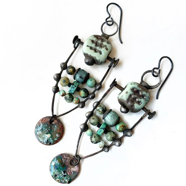 soldered turquoise and lampwork glass earrings, rustic artisan earrings, beaded earrings, tribal shield earrings by Elizabeth Rosen