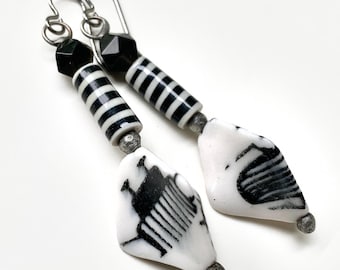 Black + White Ceramic Beetle Earrings, 3 Sided Insect Illustration, Artisan Striped Earrings, by Elizabeth Rosen