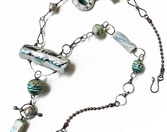 Artisan Soldered Ceramic Necklace, Handmade Chain, Wearable Art, Artsy Unusual Statement Jewelry, by Elizabeth Rosen