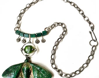 Luna Moth Raku Necklace, Basha Bead Moon, Handmade Soldered Components, Wearable Art, by Elizabeth Rosen