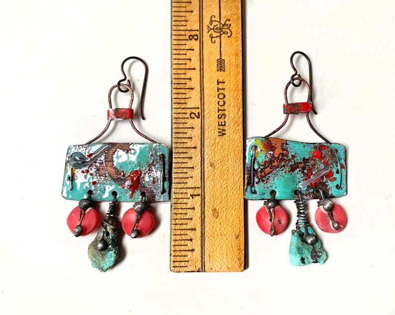 Enameled Copper Artisan Earrings, Rustic Soldered Turquoise and Coral