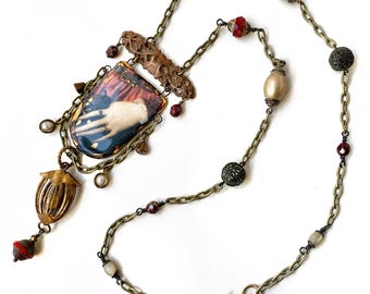 Vintage Look Hand Necklace, Magpie Necklace, Artisan Ceramic Pendant, by Elizabeth Rosen