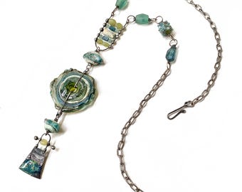 Soldered Lampwork Glass Necklace, Long Gemstone Statement Necklace, Peridot, Apatite, Topaz, Roman + artisan glass, by Elizabeth Rosen