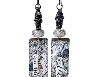Modern Copper Enamel Earrings, Doodle Scribbles, Black + White Jewelry, JosephineBeads Wearable Art, by Elizabeth Rosen