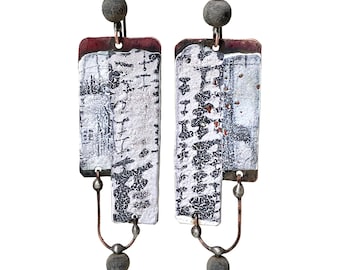 Sculptural modern enameled copper earrings, unusual black + white wearable art, by Elizabeth Rosen
