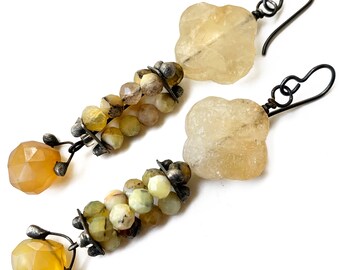 Citrine, opal and chalcedony earrings, yellow dangle earrings, soldered artisan jewelry, lantern cage bead by Elizabeth Rosen