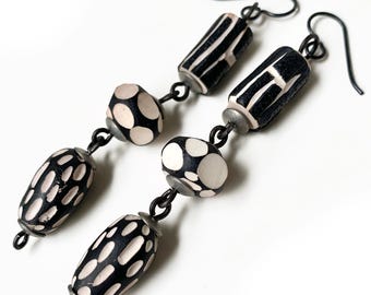 Handmade polymer clay earrings, hand carved black white neutral earrings, bold polymer bead earrings, dots dash earrings, by Elizabeth Rosen