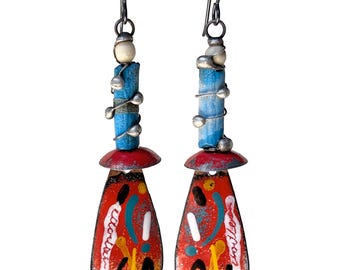 Modern Copper Enamel and Soldered Lapis Earrings, Fun Artisan Wearable Art, by Elizabeth Rosen