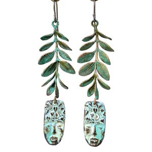 Patinated Copper Face Earrings: Vintage Brass Leaves, Niobium Ear Wires