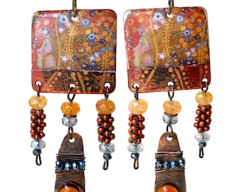 long Bohemian copper enamel Klimt earrings, chandelier earrings, earthy rustic gemstone jewelry, by Elizabeth Rosen