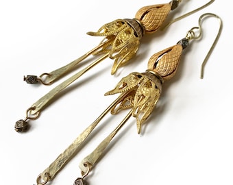 Handmade Brass Flower Earrings with Vintage Findings by Elizabeth Rosen