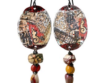 Mismatched Artisan Enamel Earrings, Primitive Tribal Wearable Art, Picasso and Mookaite Jasper Gemstones, by Elizabeth Rosen