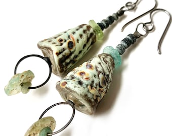 Artisan lampwork glass cone earrings with ancient Roman glass, rustic organic soldered earrings, green glass earrings by Elizabeth Rosen