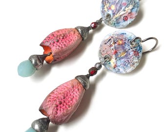 Handmade Porcelain Pink Flower Earrings with Amazonite Drops and Soldered Details
