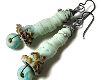 Rustic Copper Green Lampwork Glass Whirlwind Earrings, Unusual Artisan Earrings,, by Elizabeth Rosen