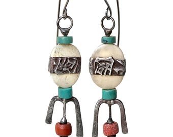 Rustic Japanese Typography Earrings with Turquoise, Stamped Solder on Bone, Antique Glass and more, by Elizabeth Rosen