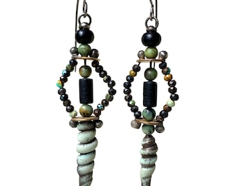 Twisted Lampwork Glass and Turquoise Earrings, Handmade Niobium Ear Wires