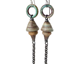 LONG Rustic Artisan Ceramic and Enamel Bead Earrings by Elizabeth Rosen