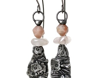 Stamped Soldered Earrings with Quartz and Moonstone Gemstone Beads, Handmade Niobium Ear Wires by Elizabeth Rosen