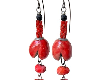 Handmade Rustic Red Raku Ceramic Flower Pod Earrings, by Elizabeth Rosen