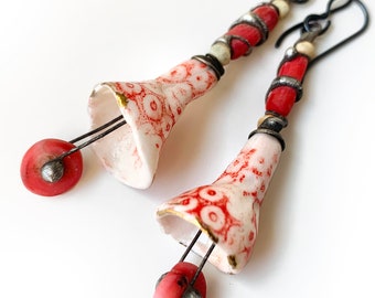 red white soldered flower earrings, artisan ceramic and coral earrings, unusual target ceramic flower bells, by Elizabeth Rosen
