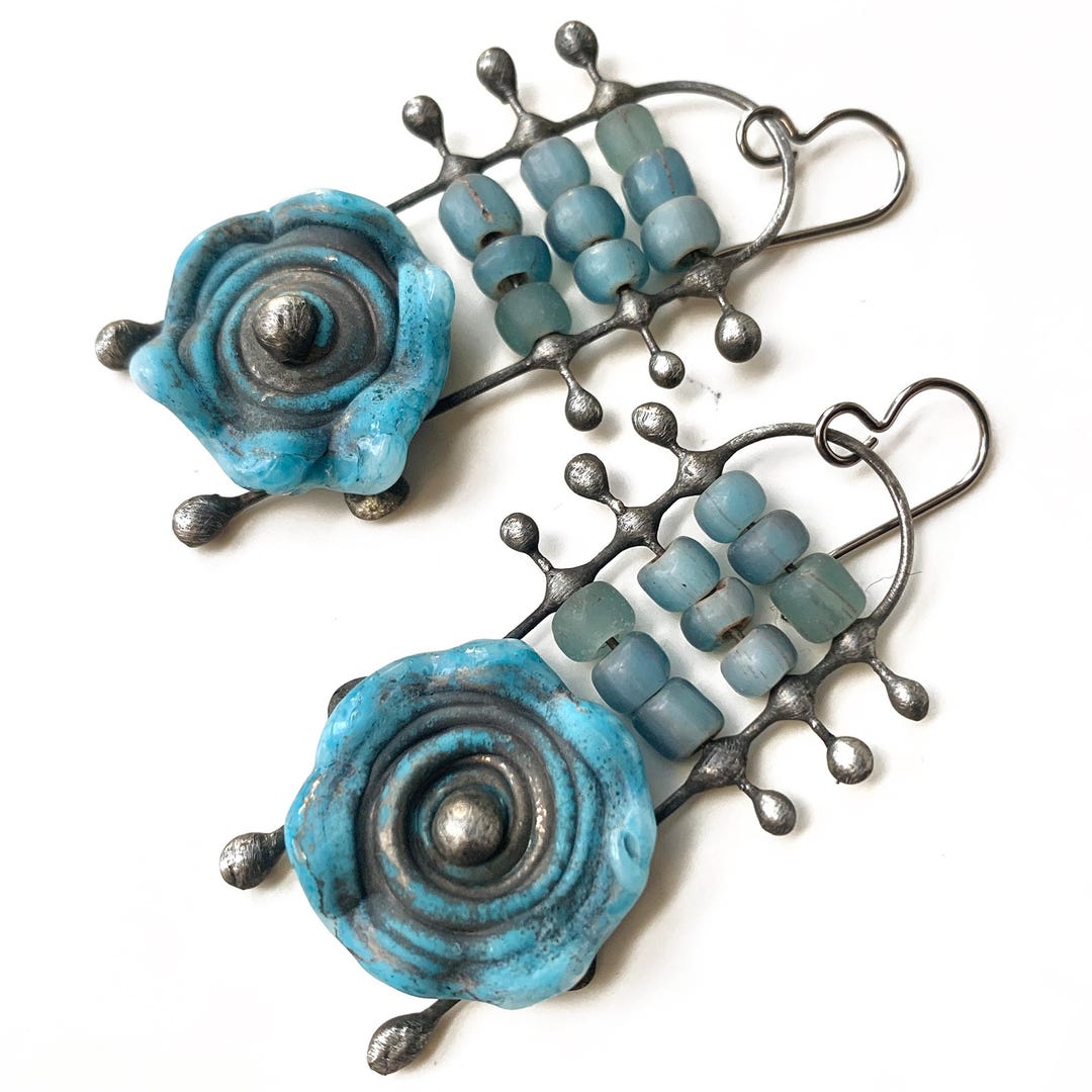 Soldered Blue Soldered Blue Lampwork Glass Ladder Earrings, by Elizabeth Rosen - Etsy