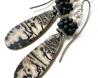 Rustic Elegant Chohua Jasper Earrings, Bumpy Lampwork Glass, Long Handmade Niobium Ear Wires, Stamped Solder by Elizabeth Rosen