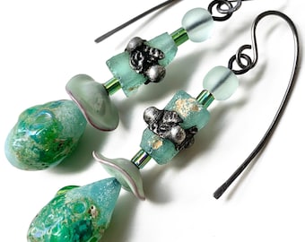 Rustic Crusty Green Lampwork Glass Earrings with Ancient Roman Glass, Enameled Copper Caps and Soldered Details